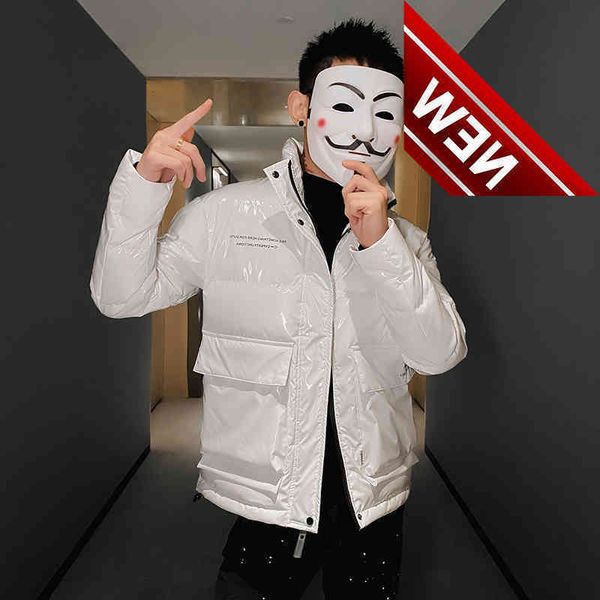 

90% white duck down puffer jacket for mens winter warm clothing 2021 korean fashion trend men slim fit bright fluffy bubble coat, Black