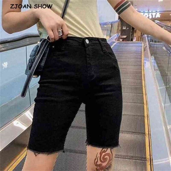 

high street hurr hem knee length straight denim shorts waist vintage pants summer women jeans 210429, Blue
