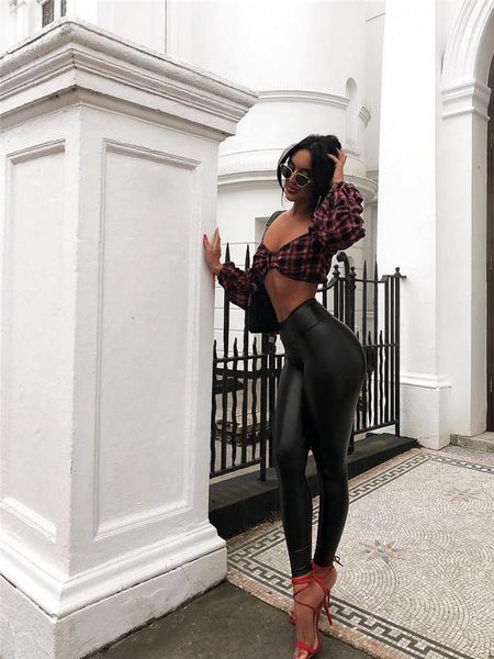 

autumn women black stretchy pu leather leggings high waisted hips push up pencil pants nine-minute pantalones mujer women's & capris, Black;white