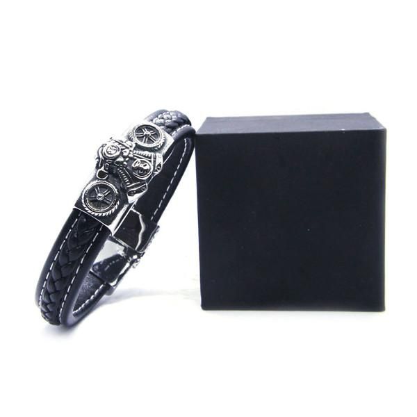 

link, chain motorcycles biker engine bracelet 316l stainless steel genuine leather, Black