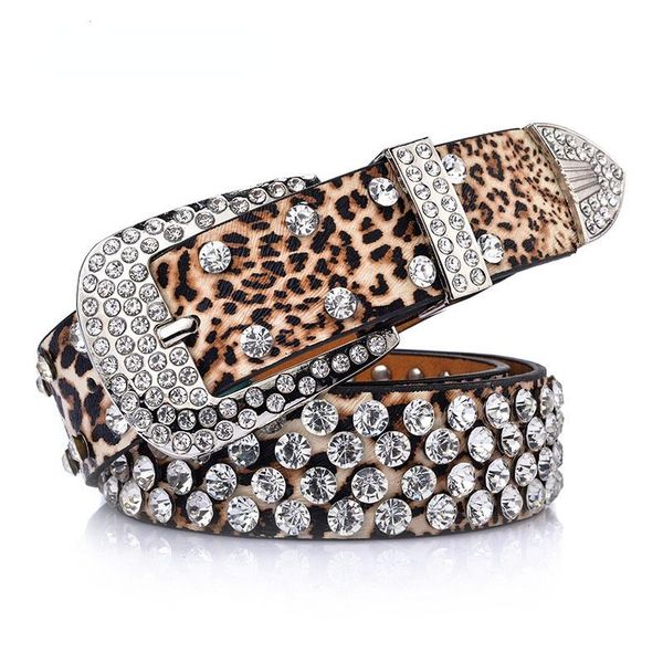 

Belts Genuine Leather Leopard Grain Inset Belt For Women Fashion Pin Buckle Waist Rivet Set Auger Female, Black;brown