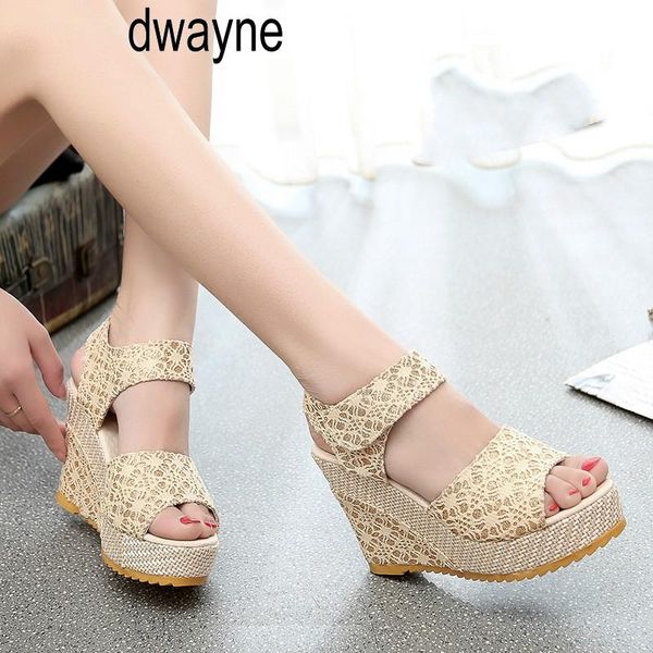 

dress shoes women sandals summer fashion lace hollow gladiator wedges woman slides peep toe hook & loop solid lady casual fgb5, Black