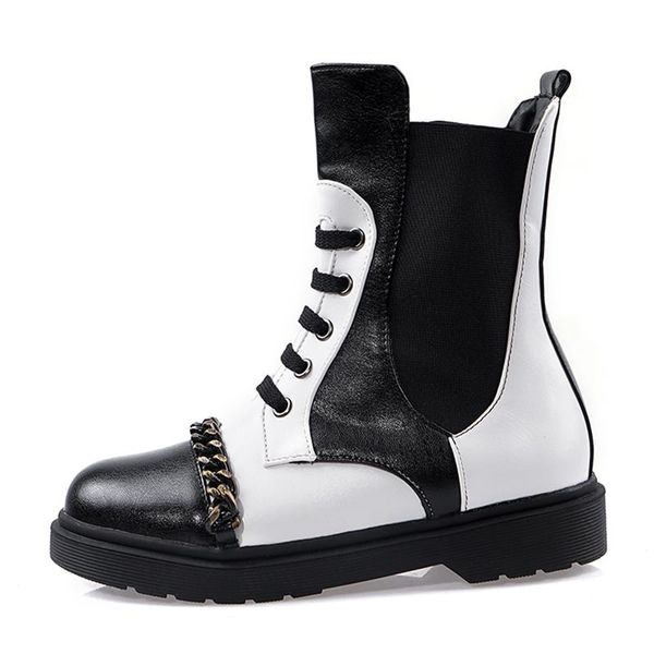 

spring punk gothic shoes woman chain flat heel motorcycle boots women black and white ankle with zip