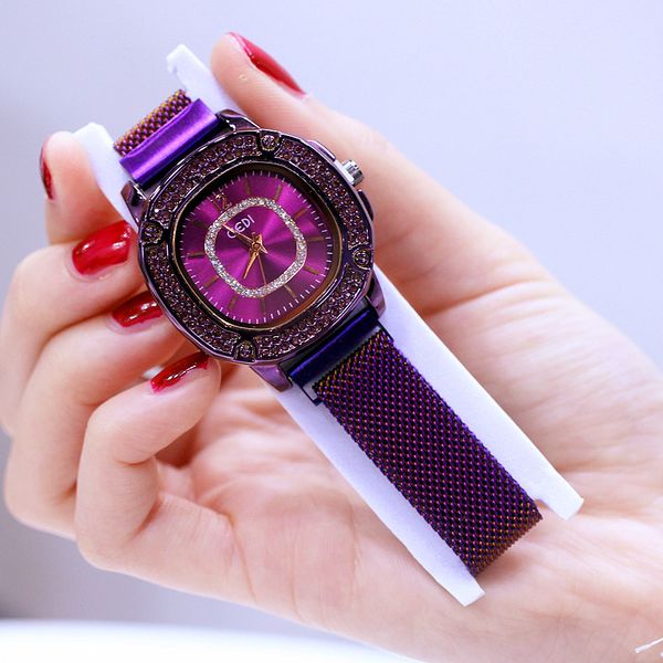 

watch fashion square women's with diamond magnet mesh belt, Slivery;brown