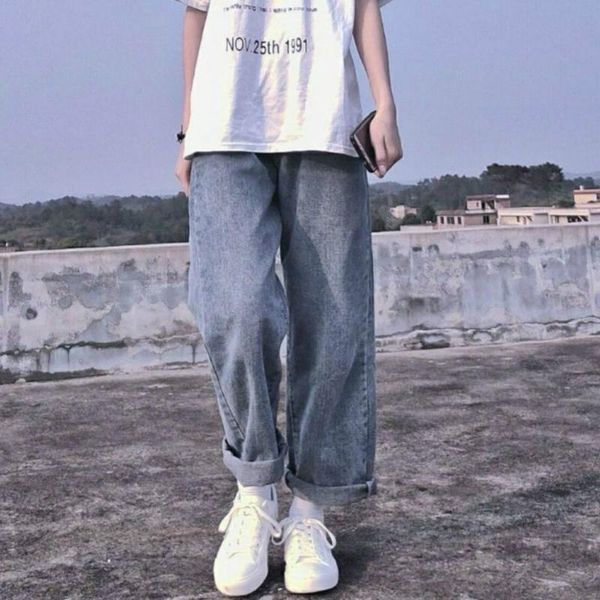 

women's jeans casual straight korean streetwear lady trouser vintage harem long pantboyfriend women summer denim solid high waist loose, Blue