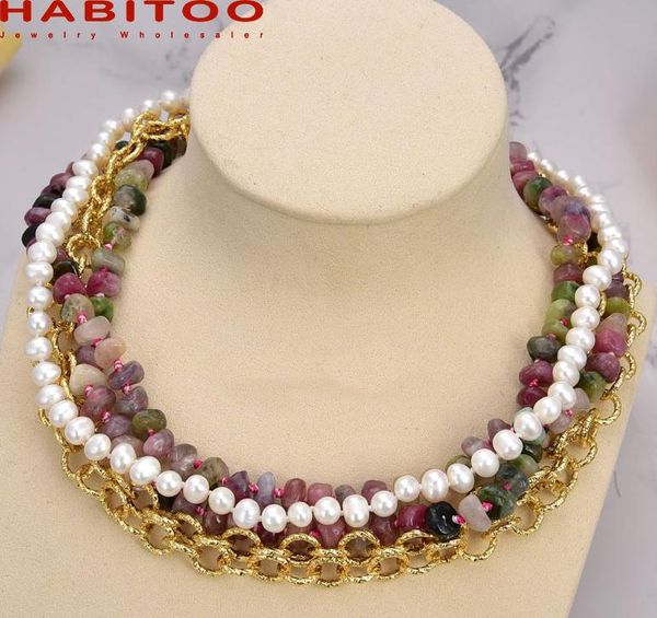 

chokers fashion 18inch 5 strands natural rondelle nugget tourmaline white freshwater pearl golden chain necklace for women mix jewelry, Golden;silver