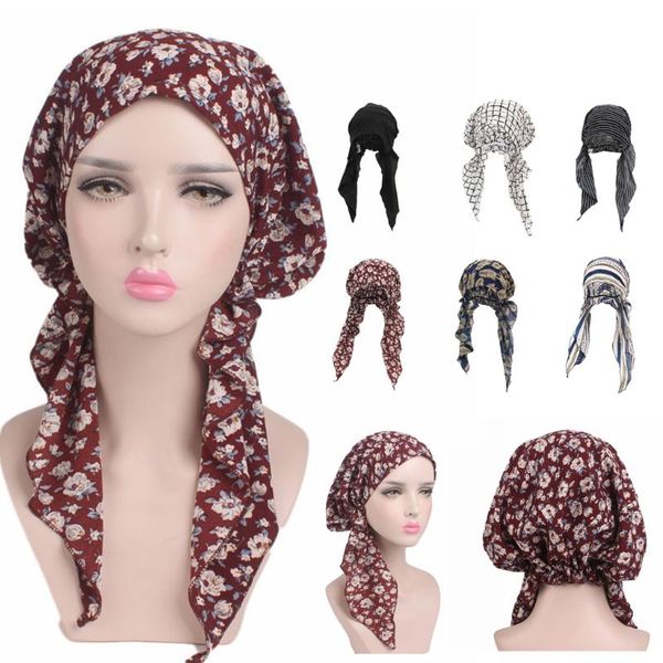 

women's chemo hat pre tied ruffle head scarves turban headwear for cancer shower caps