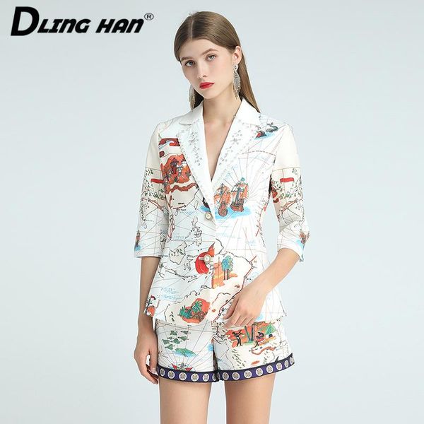 

women's tracksuits dlinghan fashion diamonds beading short sleeve coat + printed shorts two-piece set designer women'sÂ autumn, Gray