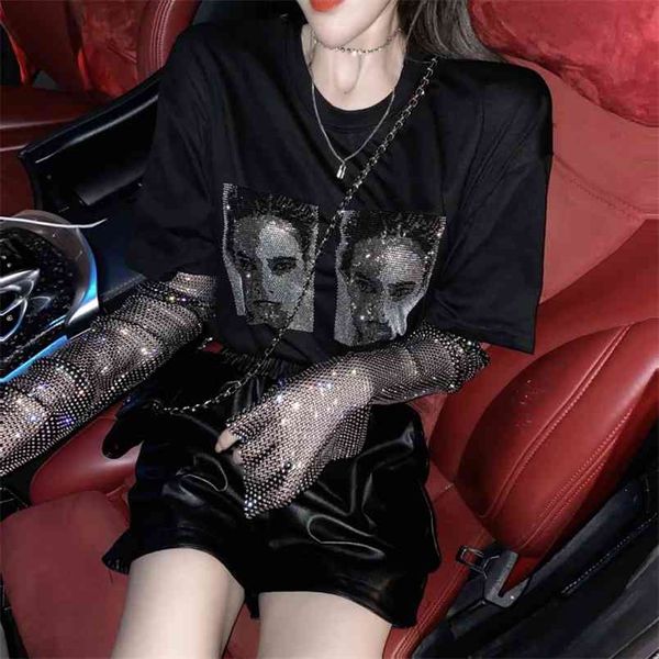 Glitter Diamond Malha Preto T Camisa Oversized Coreano Sexy T-Shirt Mulheres Verão Tee Harajuku Camisetas 210519