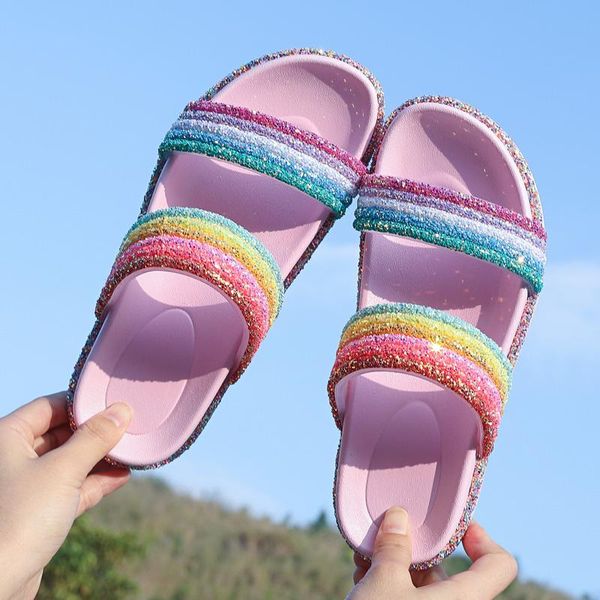 

slippers womens open toe rainbow slides sandals glitter slip on cute beach flats xrq88, Black