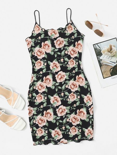 

floral lettuce trim bodycon dress e2ur#, Black;gray