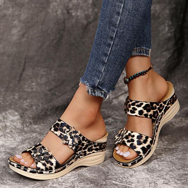 

slippers rimocy leopard print wedges sandals for women summer outdoor casual 2021 fashion beach flip flops shoes woman, Black