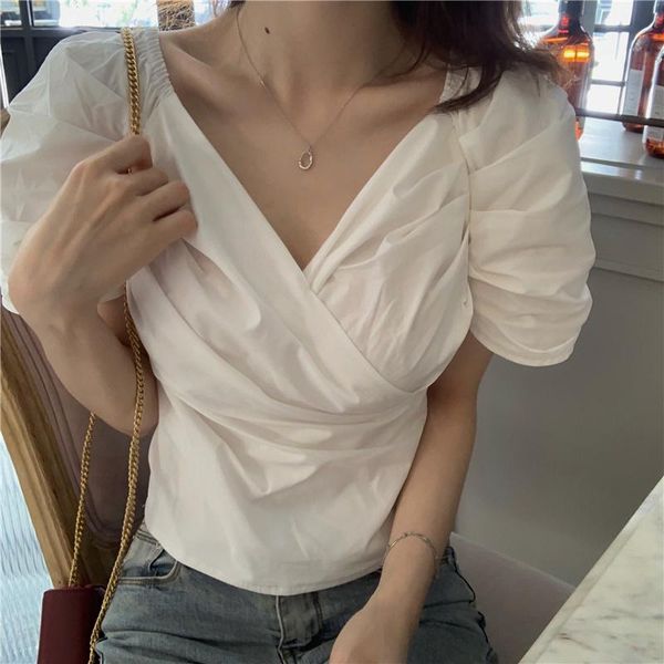 

women's blouses & shirts #4103 summer white black plaid short puff sleeve chiffon blouse women v neck thin cute female korean styl