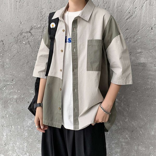 

men's casual shirts shirtsummer net red ins color matching short sleeve men's loose trend yuansufeng student shirt casual coat n2y, White;black