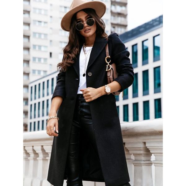

women's wool & blends coats and jackets ladies daily classic casual coat 2021 autumn winter solid color long sleeved suit collar woolen, Black