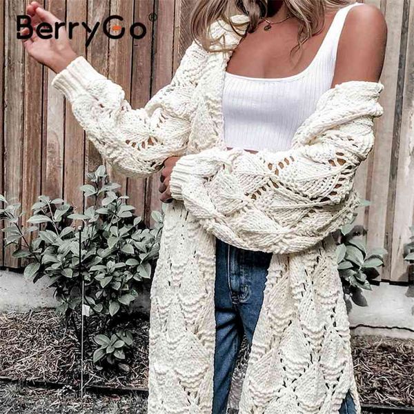 

berrygo casual v neck long women winter cardigan long sleeve hollow out loose female sweater vintage knitwear pure jumpers210513, White