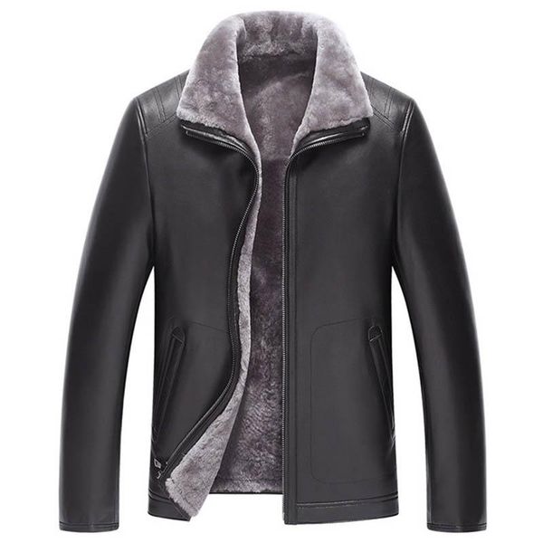 

men's leather & faux genuine sheepskin jacket natural lamb fur liner parka coat men thick warm real shearling a098, Black