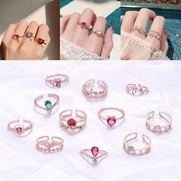 

cluster rings korean sweet heart flower cubic zircon crystal adjustable for women girls fashion party wedding bague jewelry wholesale, Golden;silver
