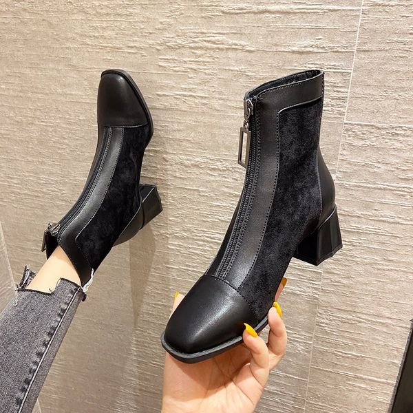 

52913 square short boots women's spring and autumn single versatile net red thin thick heel middle 2021 winter, Black