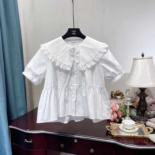 

2021 summer sweet college style blouse lace stitching baby shirt ruffled doll collar blusas elegant fashion shirt for women, White