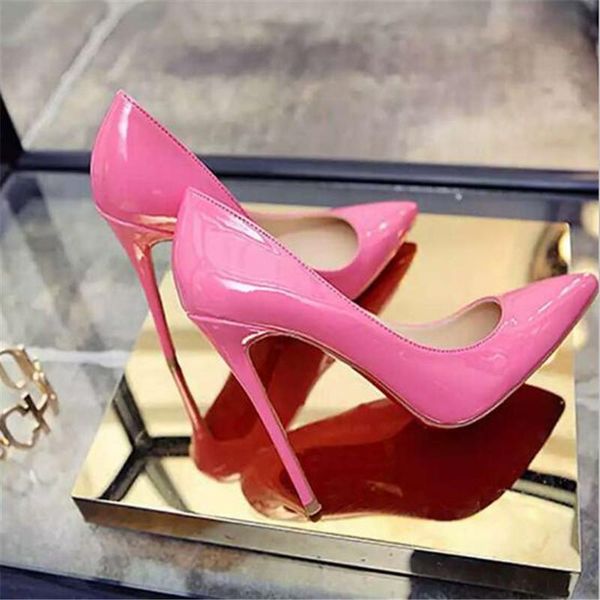 

dress shoes women pointed toe pumps patent leather high heels boat wedding zapatos mujer, Black