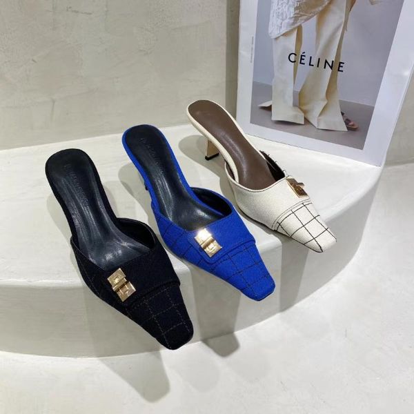 

fashion women slippers small square toe shallow slip on mules shoes thin high heels solid color blue sandals size 35-39, Black