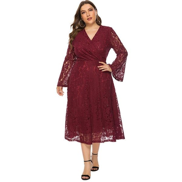 

casual dresses women autumn dress v neck long flare sleeve hollow out elegant club party lace xl-5xl plus size vestidos mujer verano, Black;gray