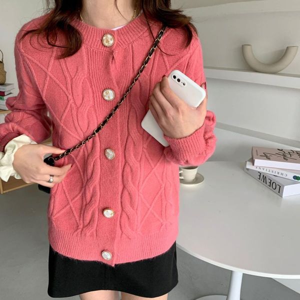 

women's knits & tees beautana cardigan sweater 2021 autumn sweet solid argyle o neck women loose knit crochet coat korea style aestheti, White