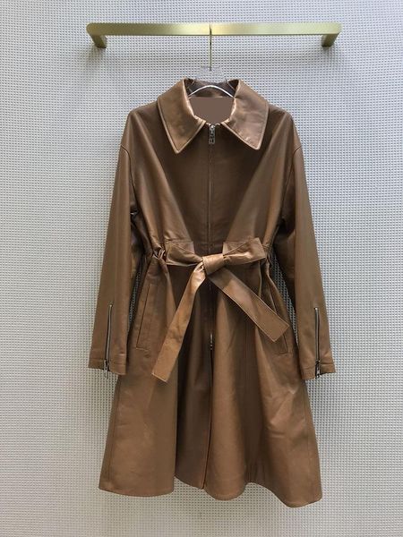 

women's jackets real leather jacket women 2021 early spring fashion commute sleeve turn-down collar sashes slim long coats, Black;brown