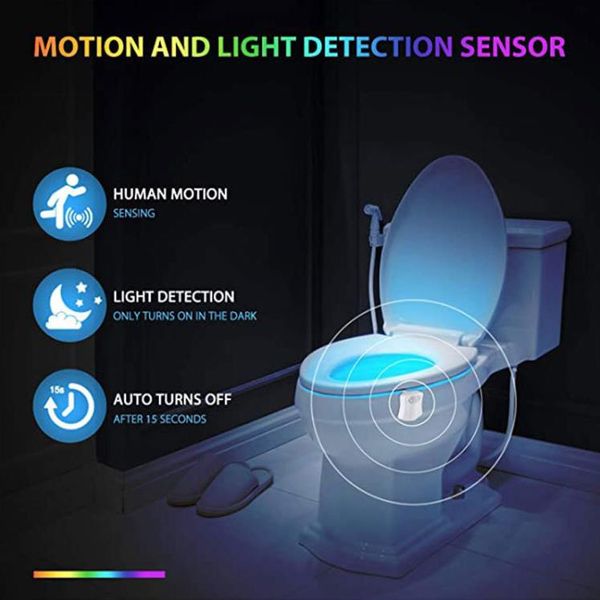 Lampe LED intelligente pour toilettes, veilleuse pour salle de bain, activation par le mouvement humain, PIR, 8 couleurs, rétro-éclairage automatique rvb, article