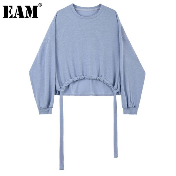 

[eam] loose fit blue short drawstring sweatshirt round neck long sleeve women big size fashion spring autumn 1dd6328 21512, Black