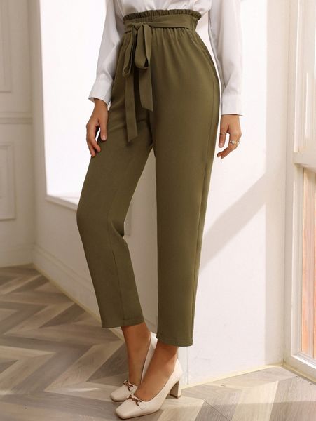

paper bag waist knot front tapered pants 81rx#, Black;white