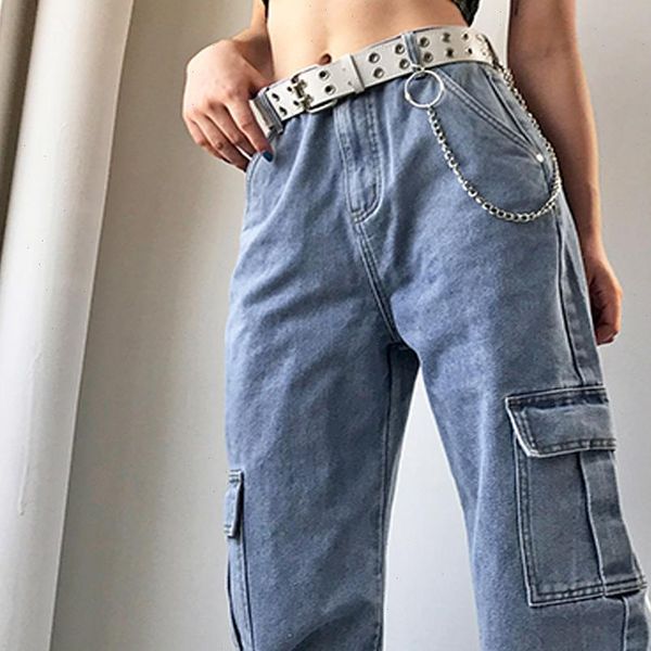 

woman man womens capris side cargo pocket high waist loose straight denim pant streetwear harajuku hip hop solid white black, Black;white