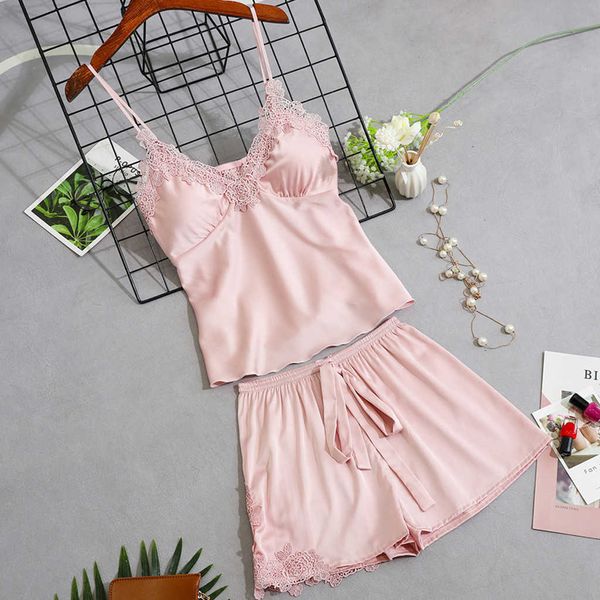 Mulheres Sexy Sleepwear Set Plus Size Lace Confortável Lingerie Nightgown sem mangas Pijama Calças Define Homewear Nightwear Mujer Q0706