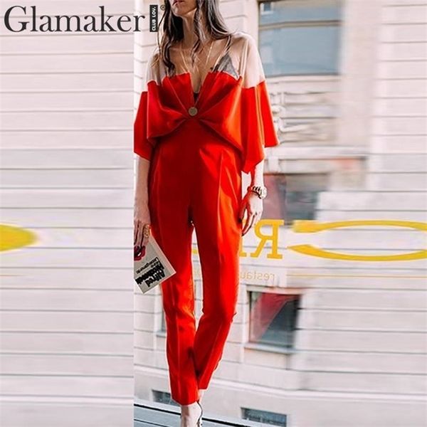 

glamaker patchwork pleated long jumpsuit summer women batwing sleeve red jumpsuit romper female v neck playsuit overalls, Black;white