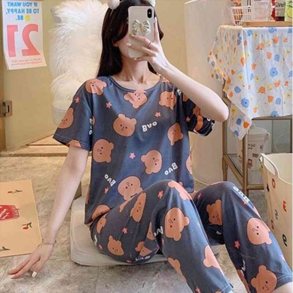 

summer milk silk short women sleepwear sleeved trousers suit cute cartoon pajamas girls outer wear home service female lingerie, Black;red