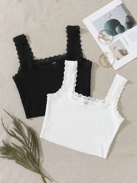 

2pcs lace trim crop cami 72ie#, White