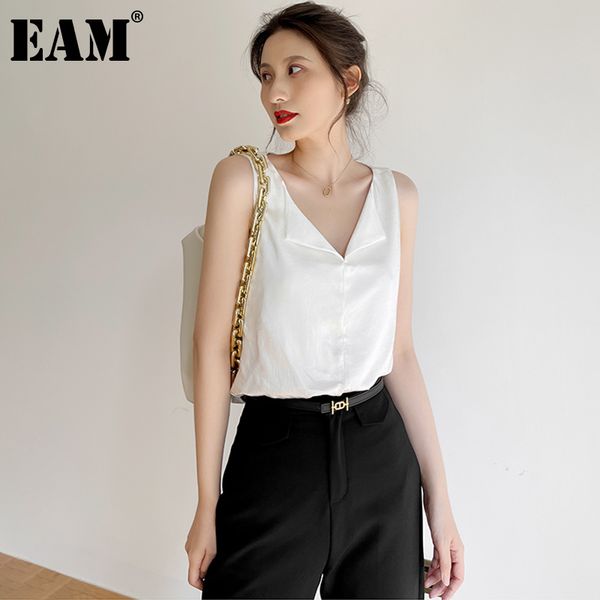 

[eam] women white satin big size elegant tank v-collar sleeveless personality fashion spring summer 1dd8103 210512