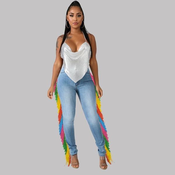 

women's jeans 2021 high waist slim color fringed denim trousers, Blue