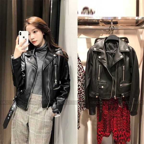 

zcwxm women pu leather jacket zipper belt short coat autumn female black punk bomber faux outwear 211025