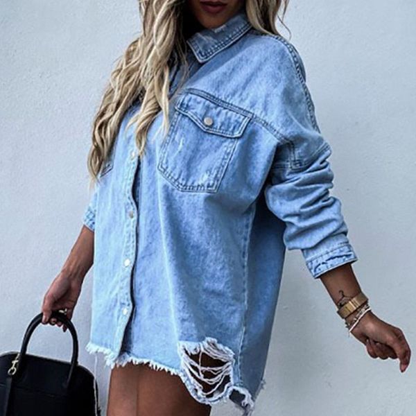 

autumn spring batwing sleeve boyfriend denim shirts ripped hole loose cardigans button jeans blouses women outerwear women's &, White