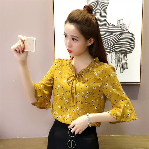 

chiffon spring v neck womens shirt bell sleeve blusas ropa de mujer, White