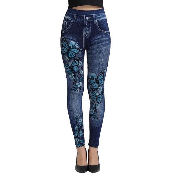 

women's leggings 2021 women butterflies printed jeans autumn slim cotton high waist jeggings ladies fake trousers legency, Black