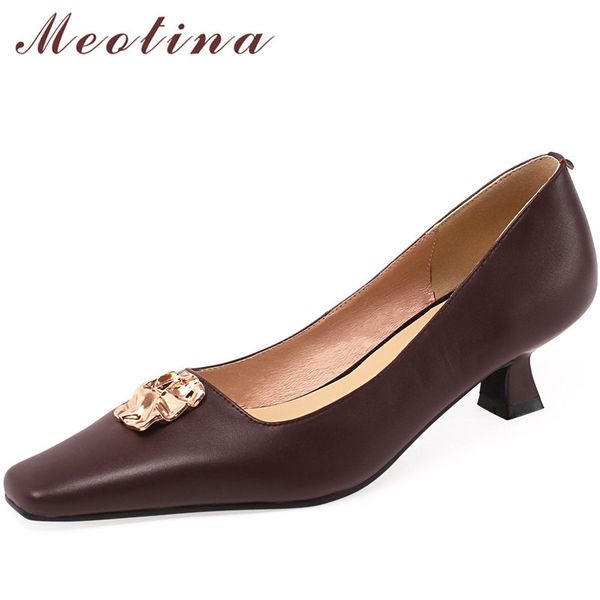 

genuine leather woman shoes square toe med heels thin heel dress pumps metal decoration female footwear spring size 40 210517, Black