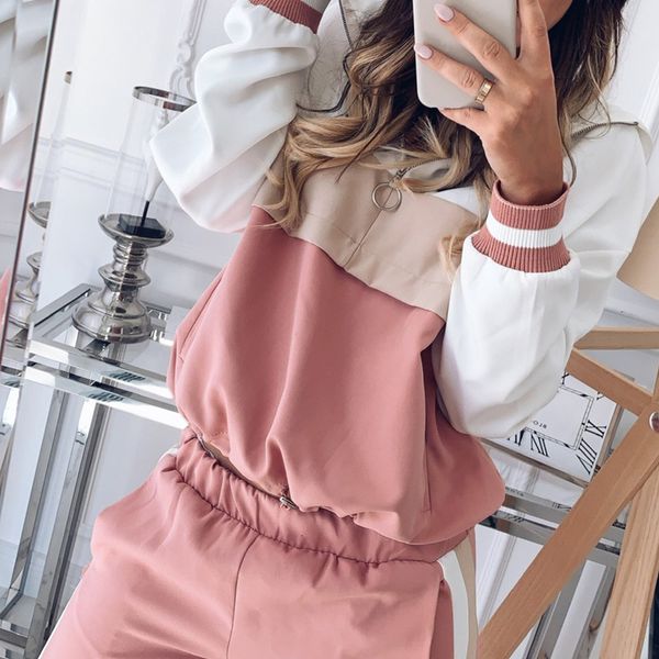 

women's two piece pants splicing casual women set spring pink pullover sportwear and pencil jogging female sporting suit fox0, White