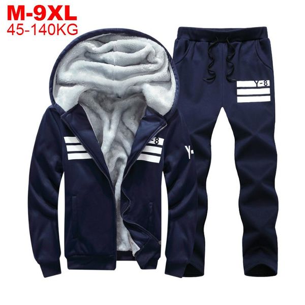 

men's tracksuits large size winter men sweat suits fleece sportwear suit zipper jacket+pants warm sports sets oversized thick hoodie tr, Gray
