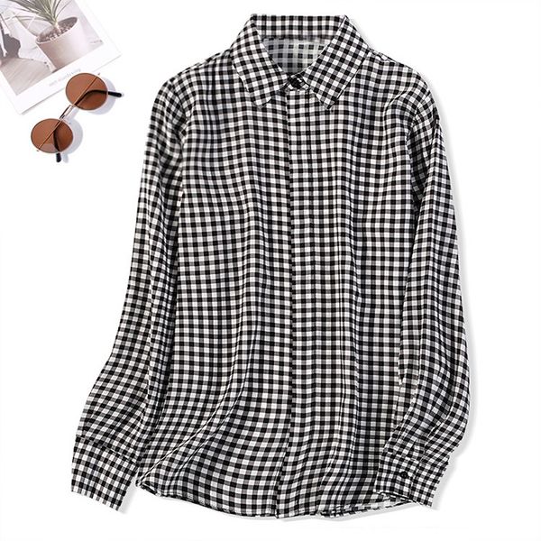 

blouses women's 100% mulberry crepe silk black checks button down long sleeve shirt blouse collared office work jn593, White
