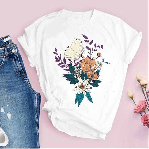 

women graphic flower womens t shirts floral 90s style camisas mujer summer autumn lady tees print clothing female shirt, White