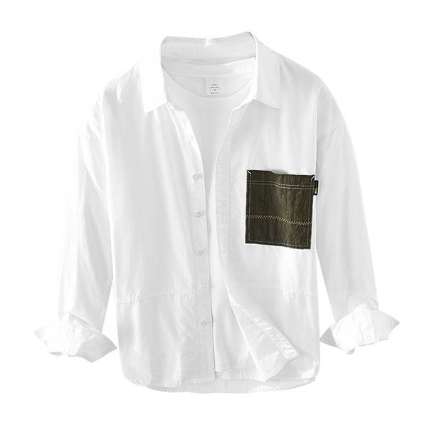 

men's casual shirts patchwork pockets long sleeve shirt for men wild slim fit pure cotton male turn-down collar button down, White;black