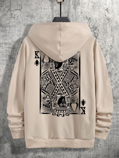 

men playing card print kangaroo pocket drawstring hoodie h1se#, Black
